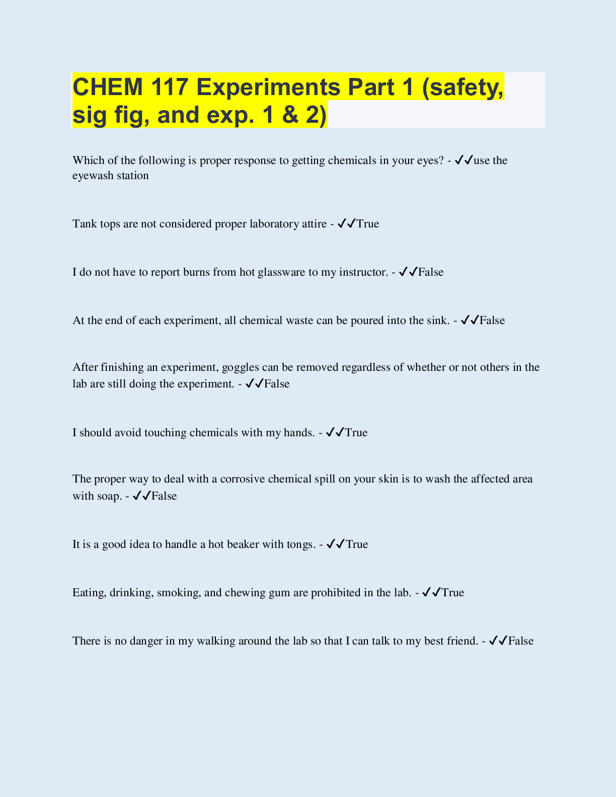 CHEM 117 Experiments Part 1 (safety, sig fig, and exp. 1 & 2) Questions with 100 Correct